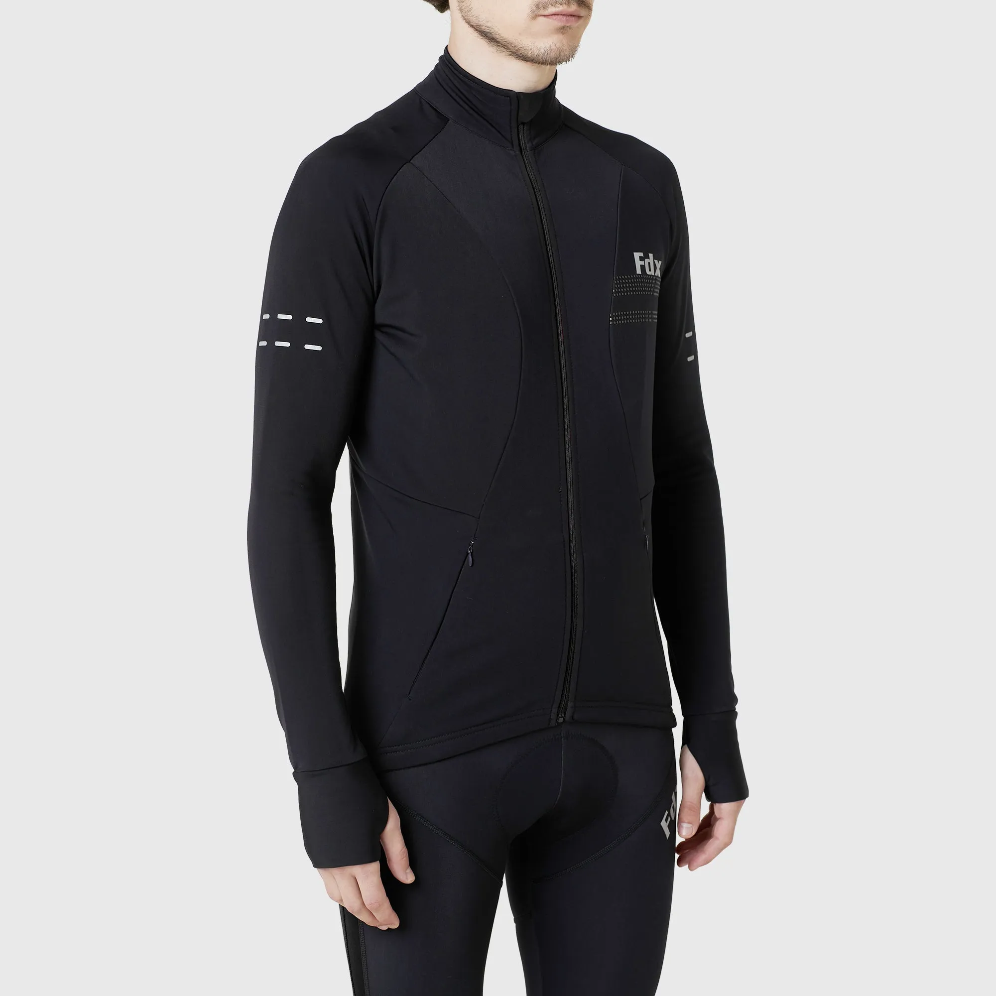 Fdx Men's & Boy's Set Arch Thermal Roubaix Long Sleeve Cycling Jersey & Cargo Bib Tights - Black