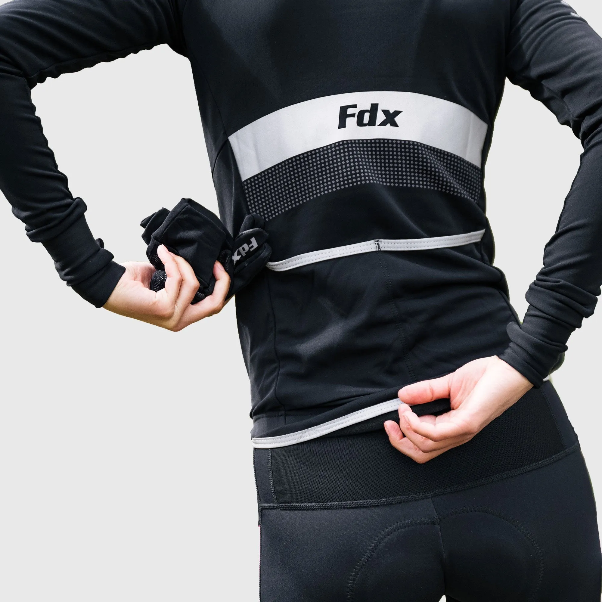 Fdx Men's & Boy's Set Arch Thermal Roubaix Long Sleeve Cycling Jersey & Cargo Bib Tights - Black