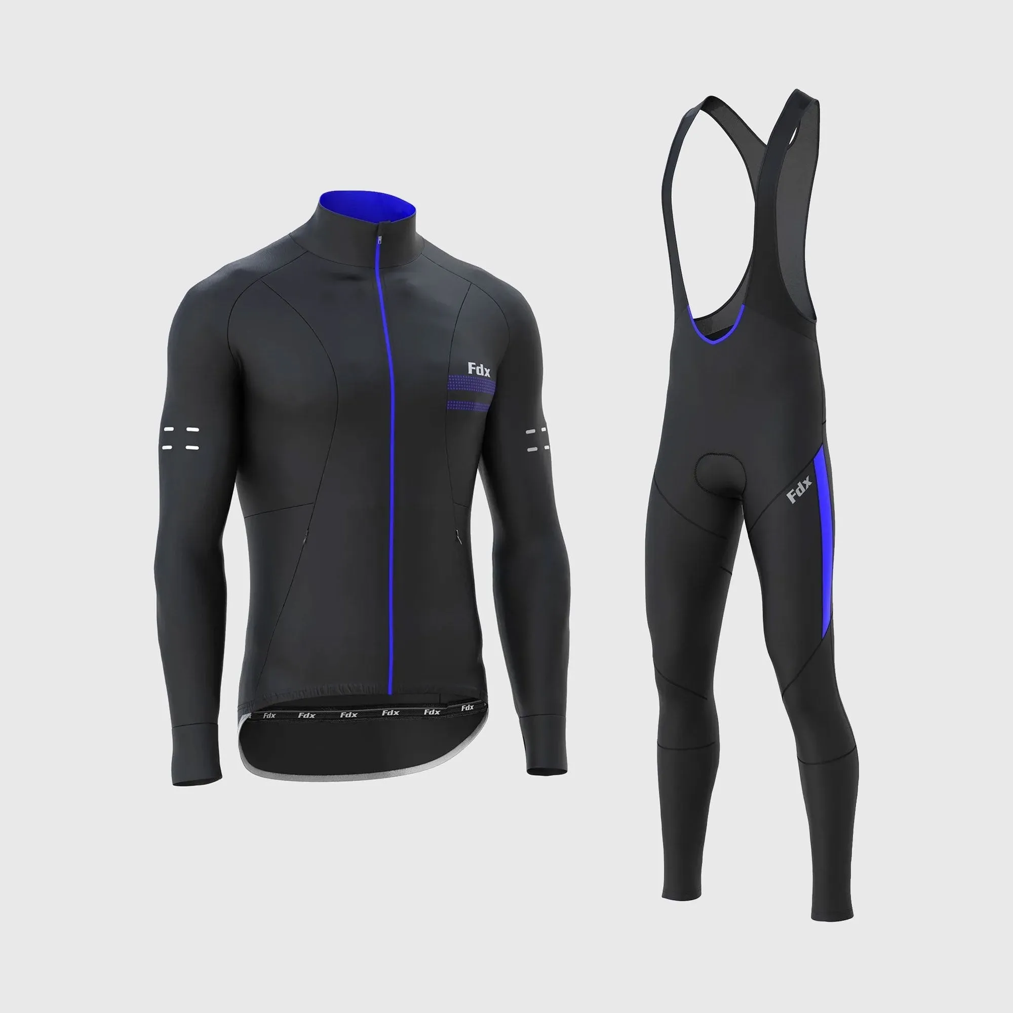 Fdx Men's & Boy's Set Arch Thermal Roubaix Long Sleeve Cycling Jersey & Cargo Bib Tights - Blue