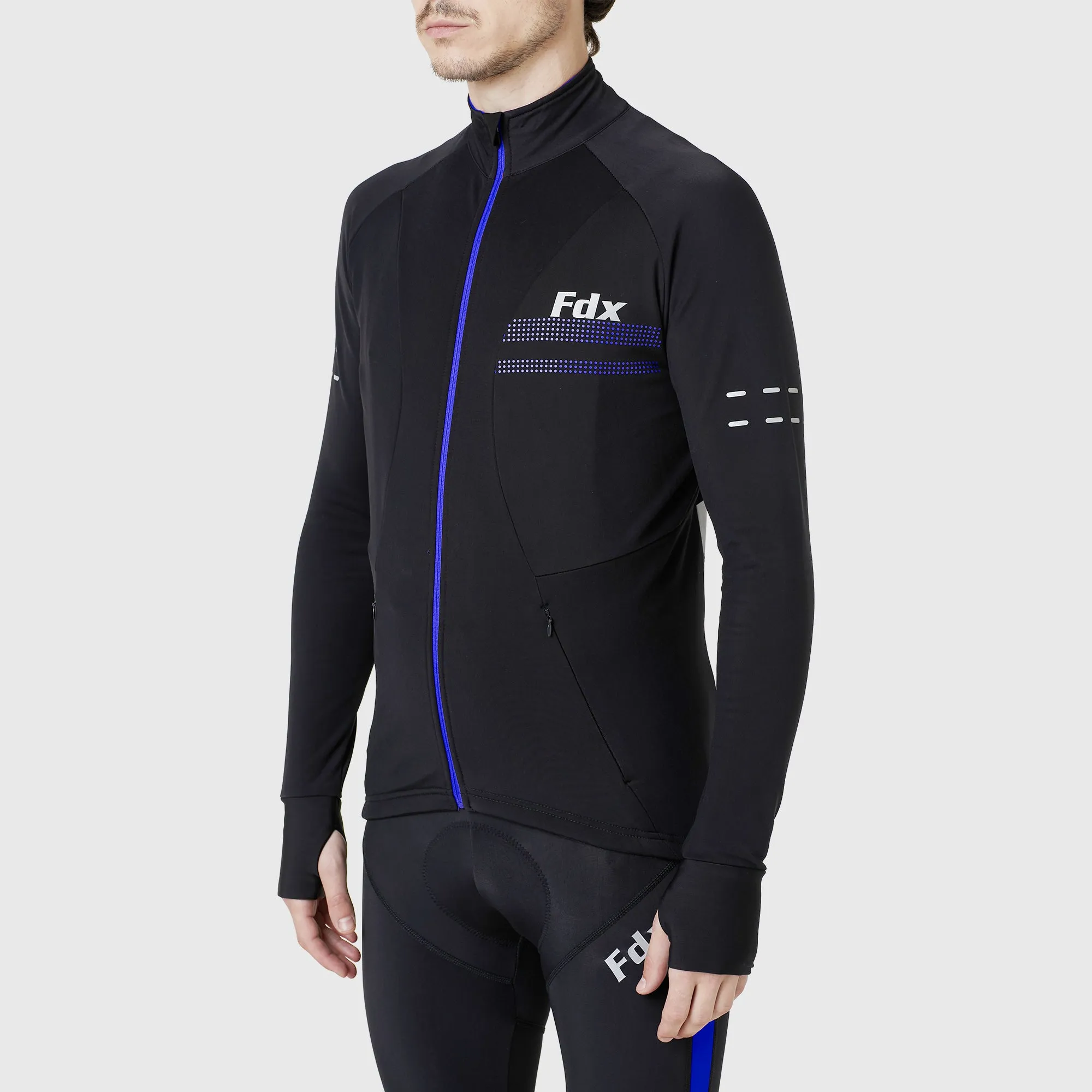 Fdx Men's & Boy's Set Arch Thermal Roubaix Long Sleeve Cycling Jersey & Cargo Bib Tights - Blue
