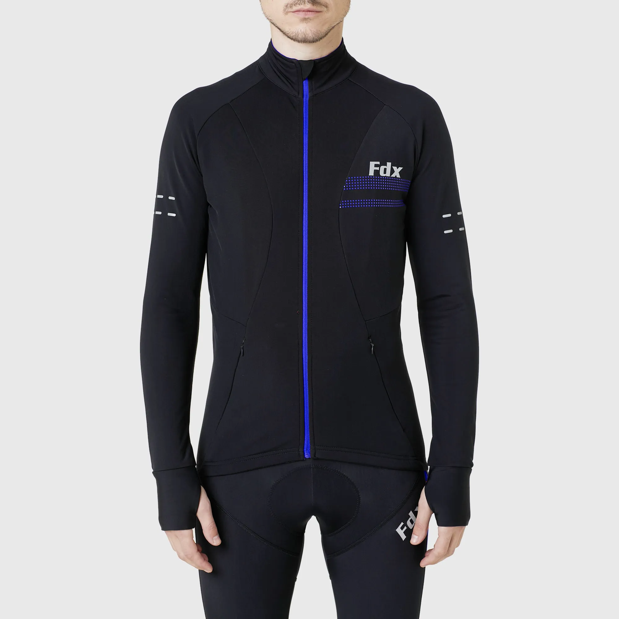 Fdx Men's & Boy's Set Arch Thermal Roubaix Long Sleeve Cycling Jersey & Cargo Bib Tights - Blue