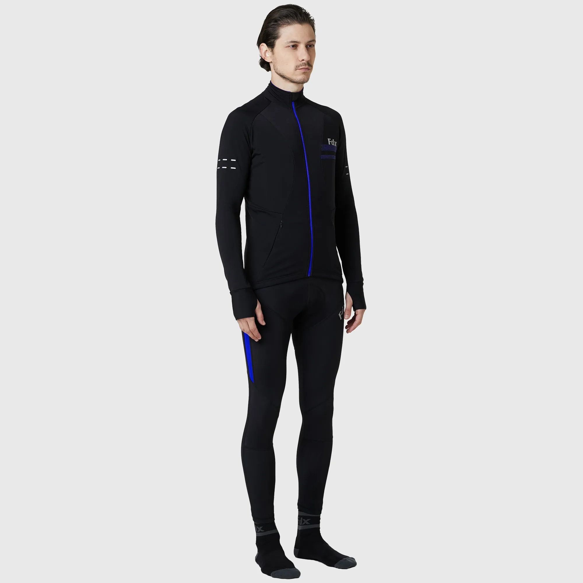 Fdx Men's & Boy's Set Arch Thermal Roubaix Long Sleeve Cycling Jersey & Cargo Bib Tights - Blue