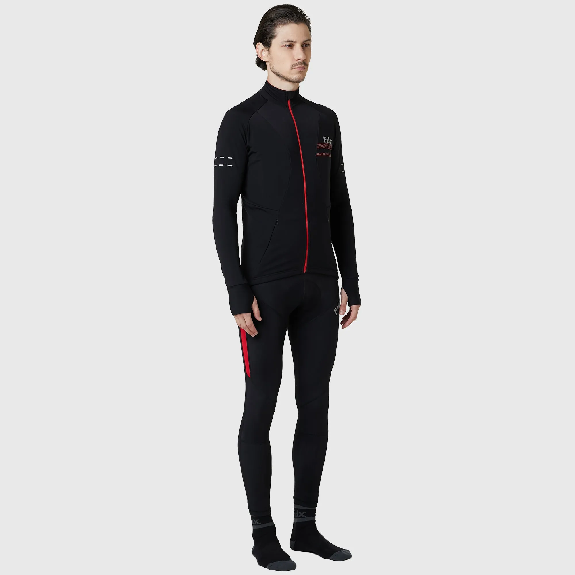 Fdx Men's & Boy's Set Arch Thermal Roubaix Long Sleeve Cycling Jersey & Cargo Bib Tights - Red