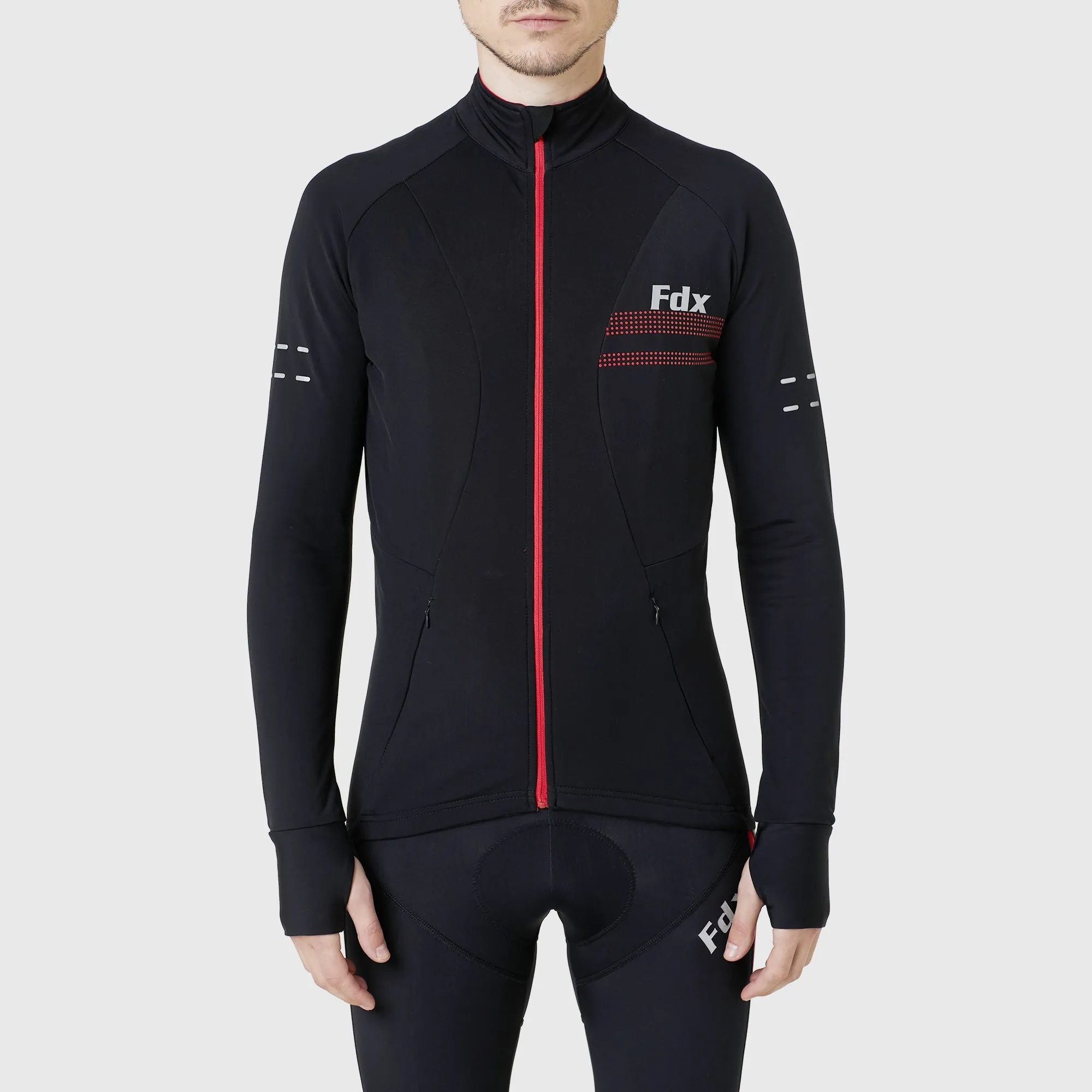 Fdx Men's & Boy's Set Arch Thermal Roubaix Long Sleeve Cycling Jersey & Cargo Bib Tights - Red