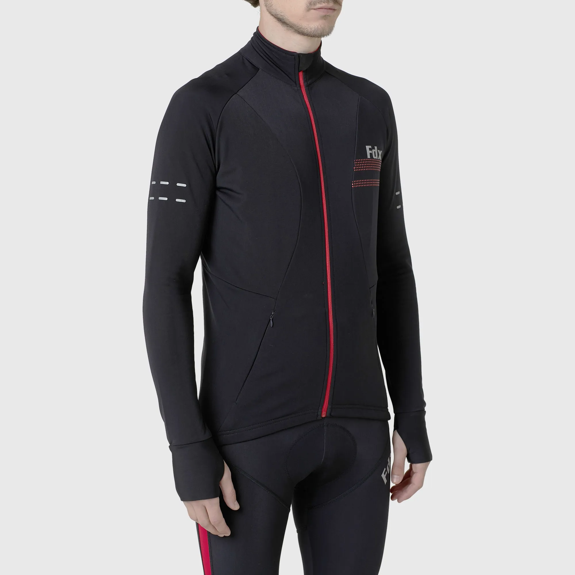 Fdx Men's & Boy's Set Arch Thermal Roubaix Long Sleeve Cycling Jersey & Cargo Bib Tights - Red