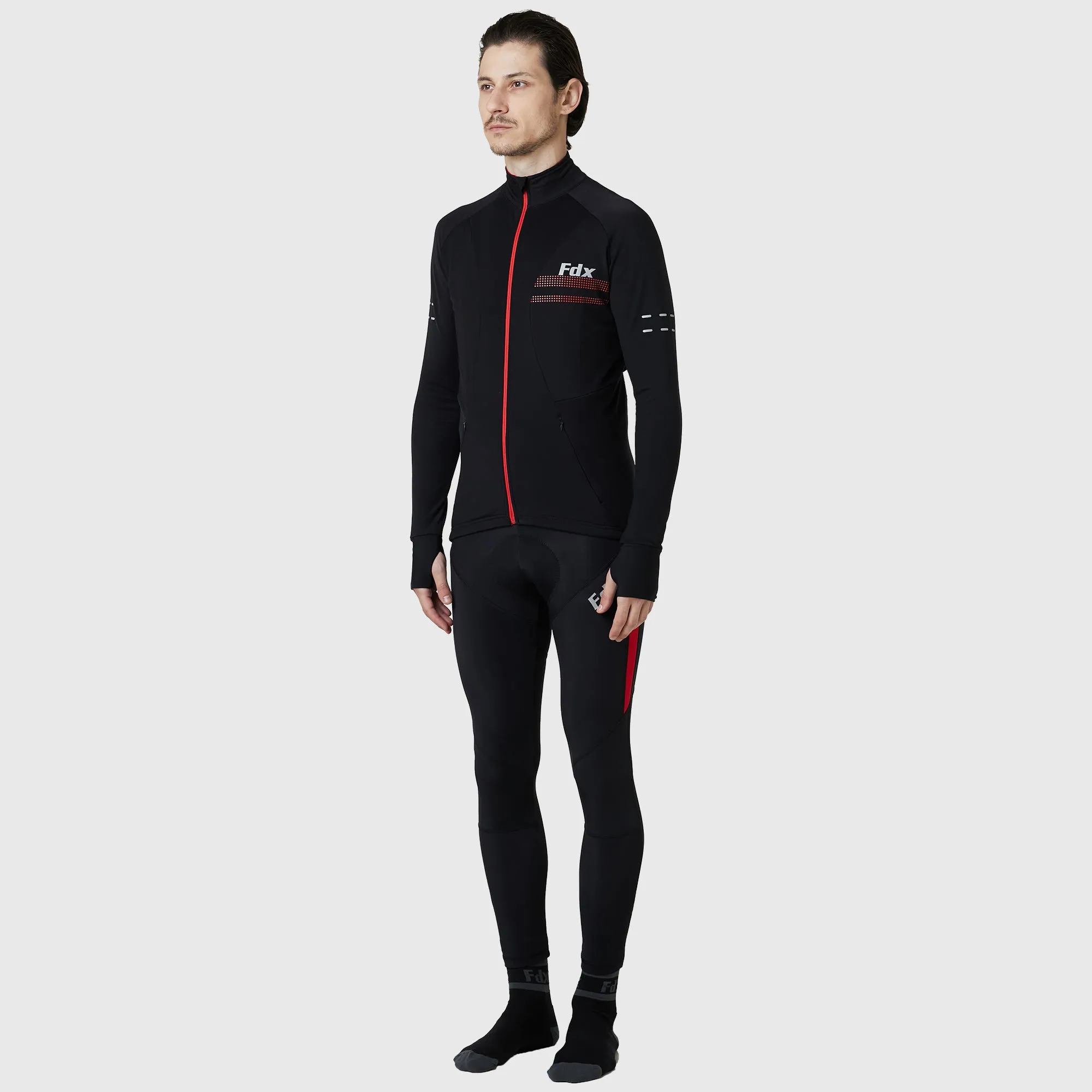 Fdx Men's & Boy's Set Arch Thermal Roubaix Long Sleeve Cycling Jersey & Cargo Bib Tights - Red