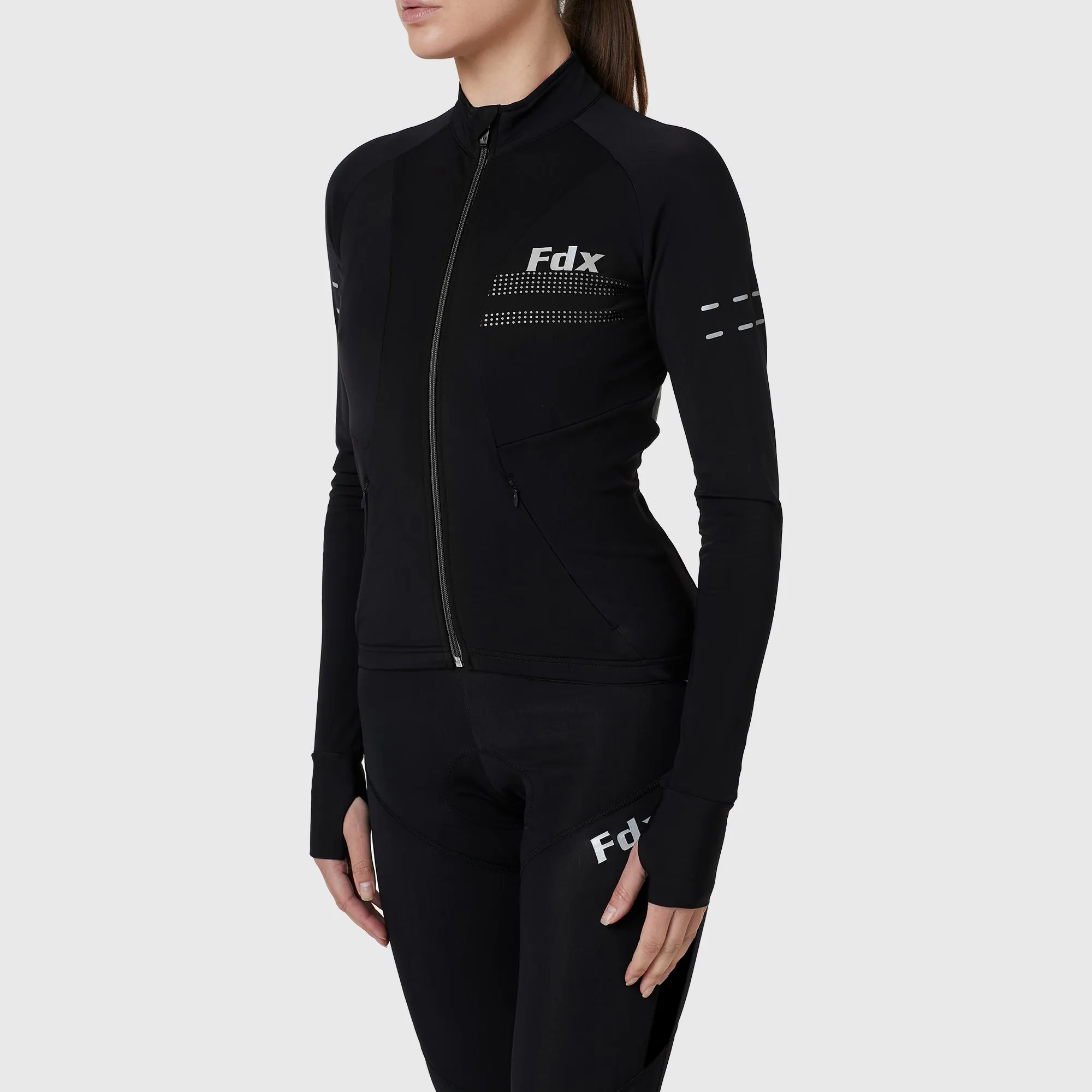 Fdx Women's & Girl's Set Arch Thermal Roubaix Long Sleeve Cycling Jersey & Cargo Bib Tights - Black