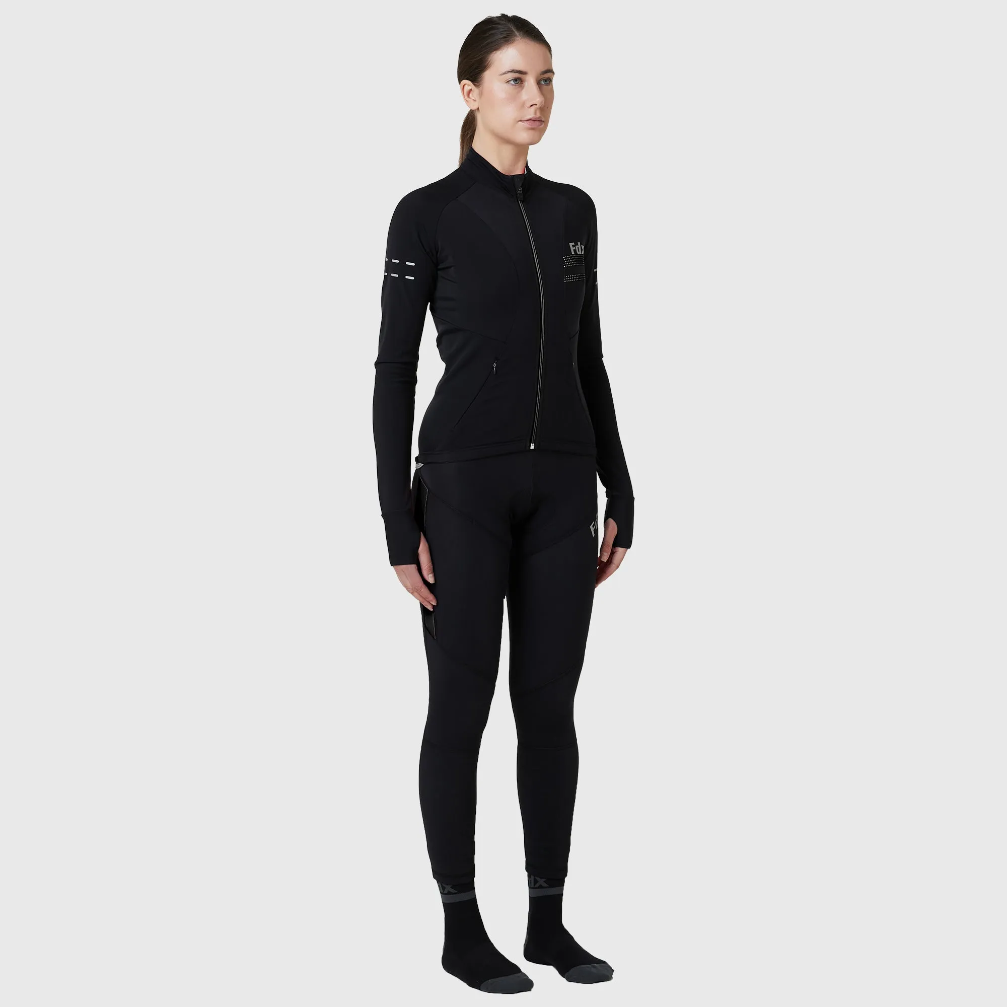 Fdx Women's & Girl's Set Arch Thermal Roubaix Long Sleeve Cycling Jersey & Cargo Bib Tights - Black