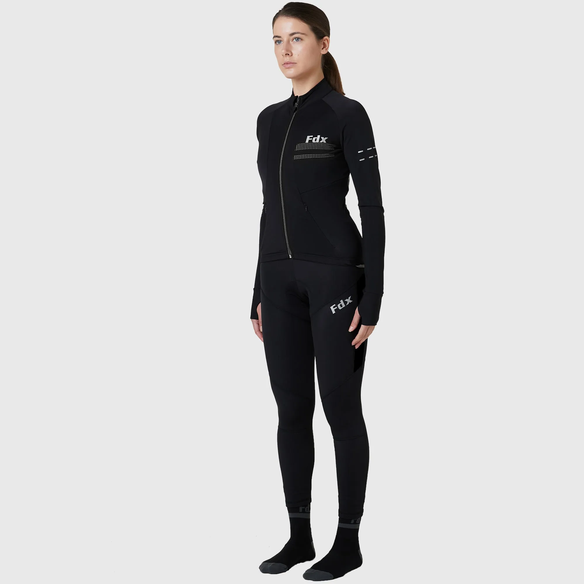 Fdx Women's & Girl's Set Arch Thermal Roubaix Long Sleeve Cycling Jersey & Cargo Bib Tights - Black