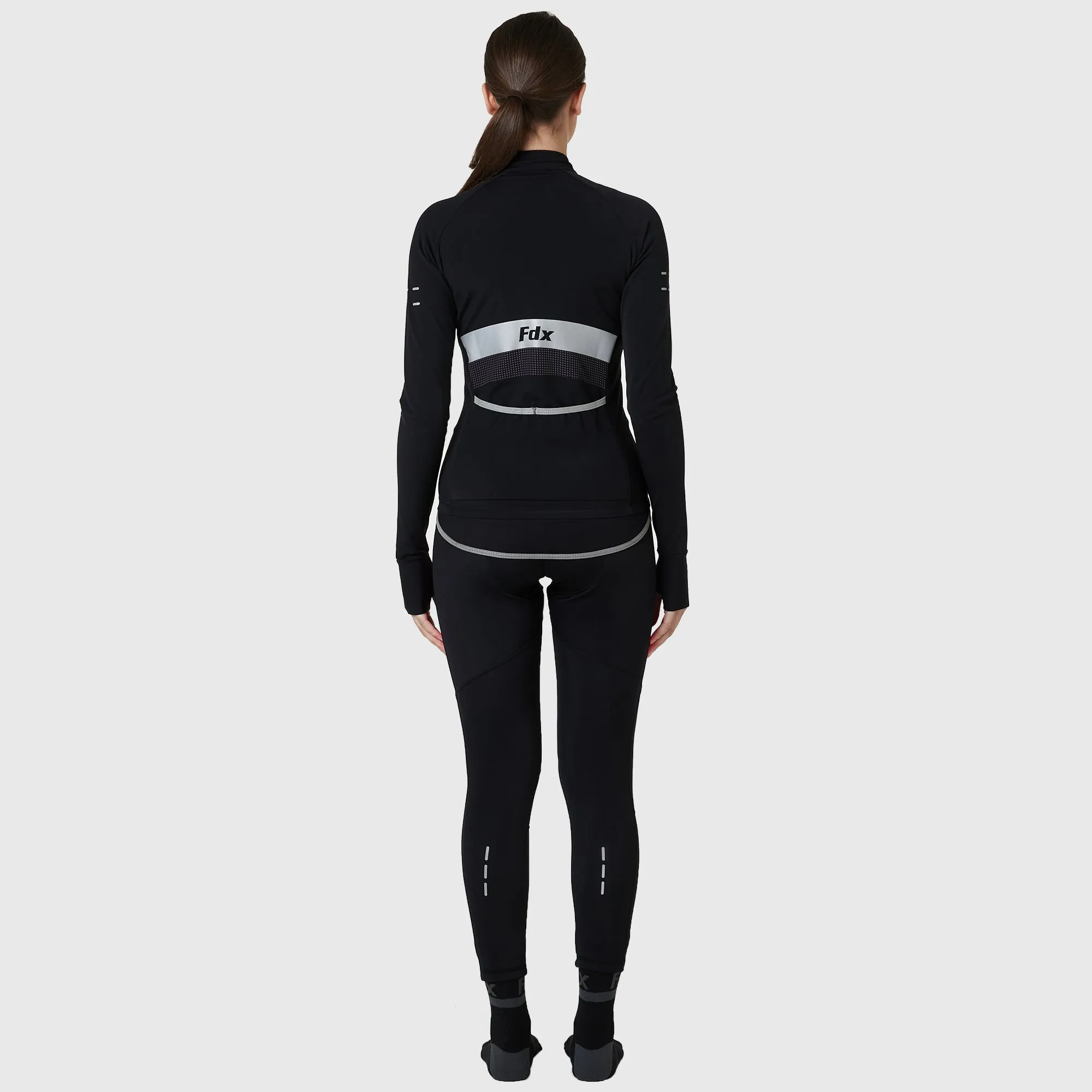 Fdx Women's & Girl's Set Arch Thermal Roubaix Long Sleeve Cycling Jersey & Cargo Bib Tights - Black