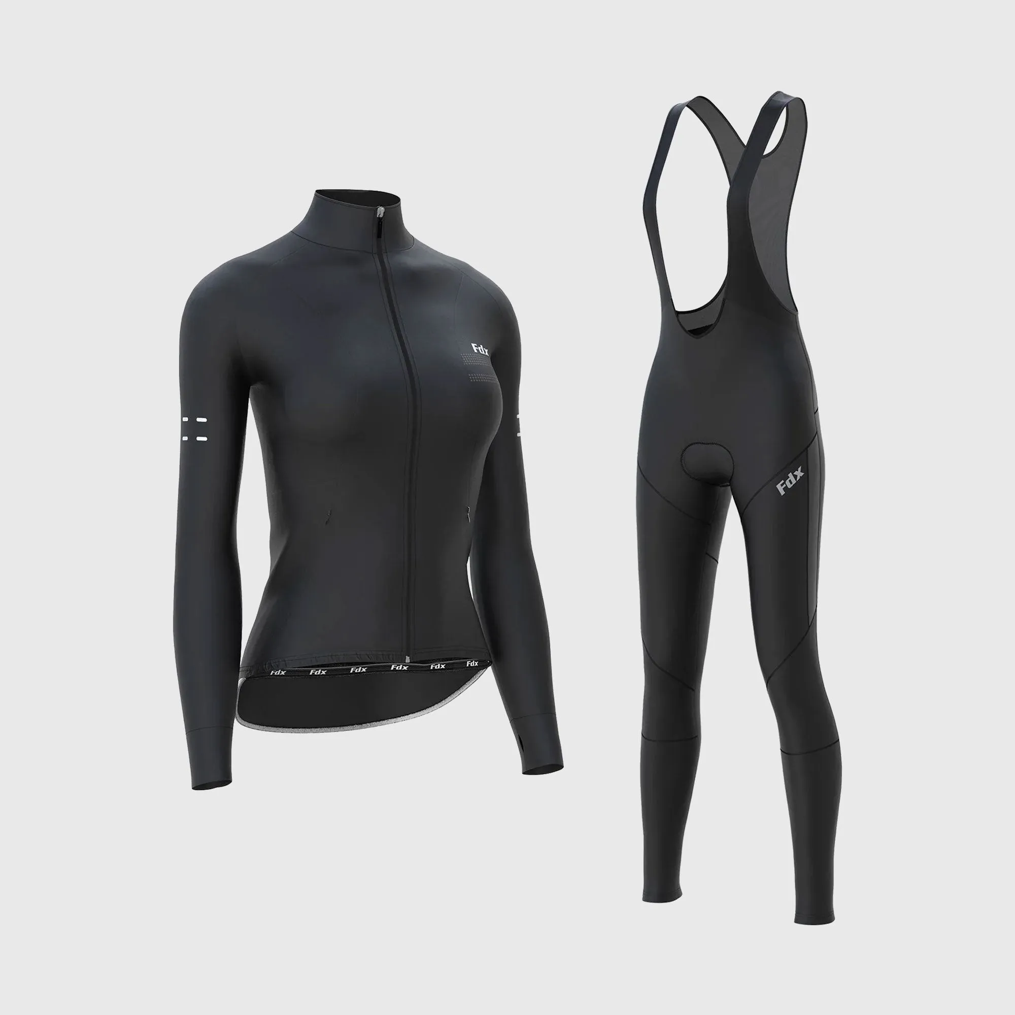 Fdx Women's & Girl's Set Arch Thermal Roubaix Long Sleeve Cycling Jersey & Cargo Bib Tights - Black