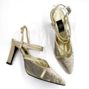 Fendi Slingback Pumps Gray Gold Heels Velvet Strappy Sz 9.5 Logo Buckle Women's