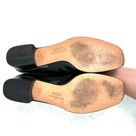 Ferragamo Black Patent Leather Bow Slides Size 8.5 AA