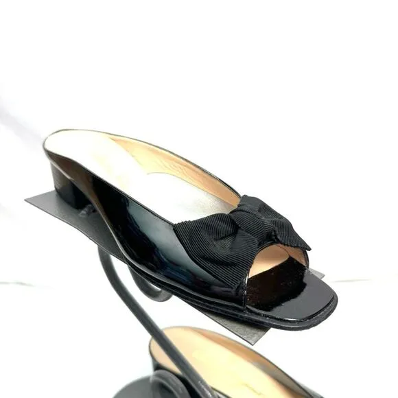 Ferragamo Black Patent Leather Bow Slides Size 8.5 AA