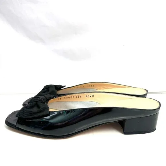 Ferragamo Black Patent Leather Bow Slides Size 8.5 AA