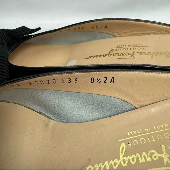 Ferragamo Black Patent Leather Bow Slides Size 8.5 AA