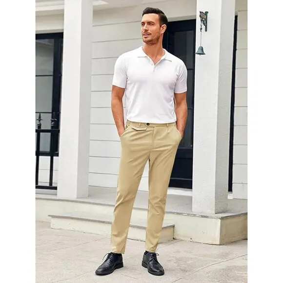 Flat Front Stretch Skinny Tapered Dress Pants  Casual Solid Trousers for Men's
