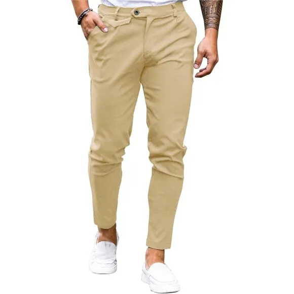 Flat Front Stretch Skinny Tapered Dress Pants  Casual Solid Trousers for Men's