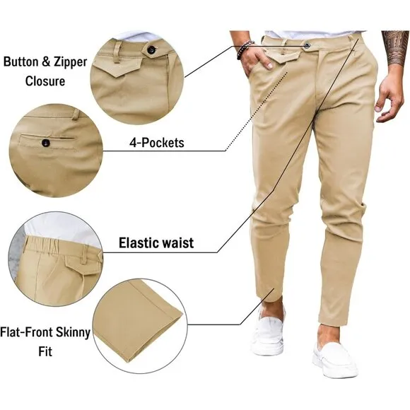 Flat Front Stretch Skinny Tapered Dress Pants  Casual Solid Trousers for Men's