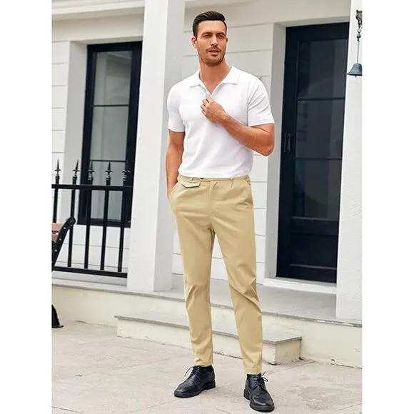 Flat Front Stretch Skinny Tapered Dress Pants  Casual Solid Trousers for Men's