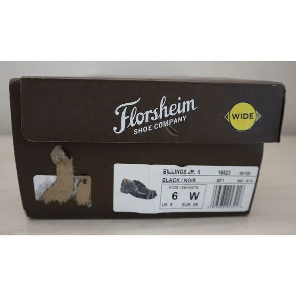 Florsheim 16623-001 Kids' Sz 6W Black Leather Billings Jr. II  Moc Toe Oxfords