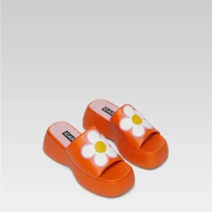 Flower Leather Mules in Veau Orange