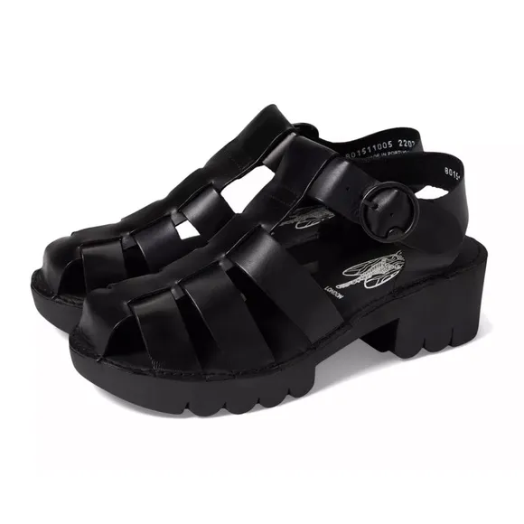 FLY LONDON EMME511FLY Black Leather Heel Fisherman Sandal Strappy 9-9.5 40