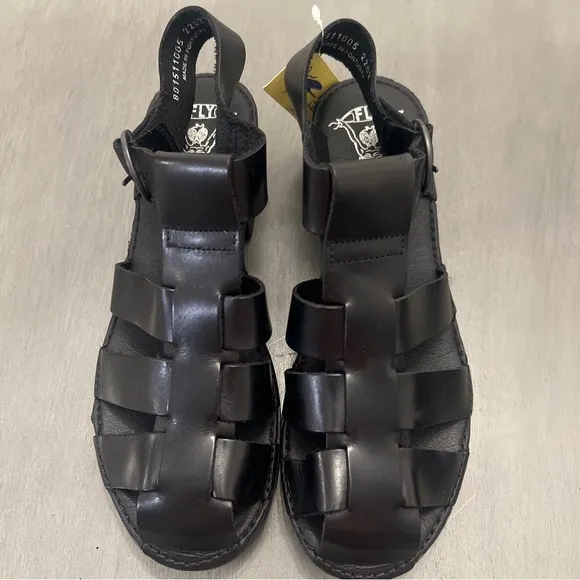 FLY LONDON EMME511FLY Black Leather Heel Fisherman Sandal Strappy 9-9.5 40