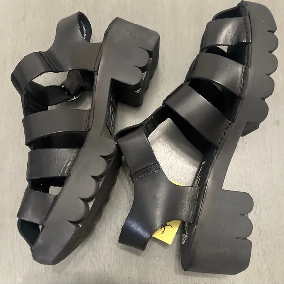 FLY LONDON EMME511FLY Black Leather Heel Fisherman Sandal Strappy 9-9.5 40