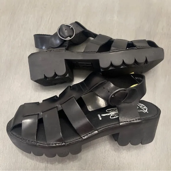 FLY LONDON EMME511FLY Black Leather Heel Fisherman Sandal Strappy 9-9.5 40