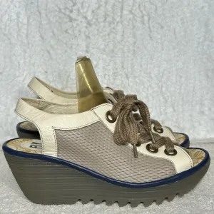 Fly London Yedu Taupe/Cream Lace Up Wedge Sandal Shoes SZ EU 38 &amp; US 7-7.5