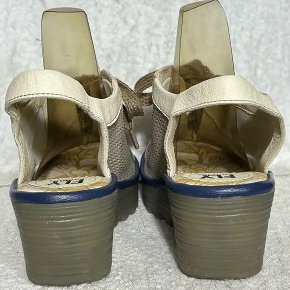 Fly London Yedu Taupe/Cream Lace Up Wedge Sandal Shoes SZ EU 38 &amp; US 7-7.5