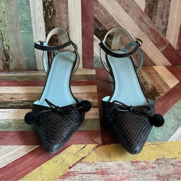 France’s Valentine Alister Pointed Toe Printed Snake Kitten Heels Black EUC 8.5