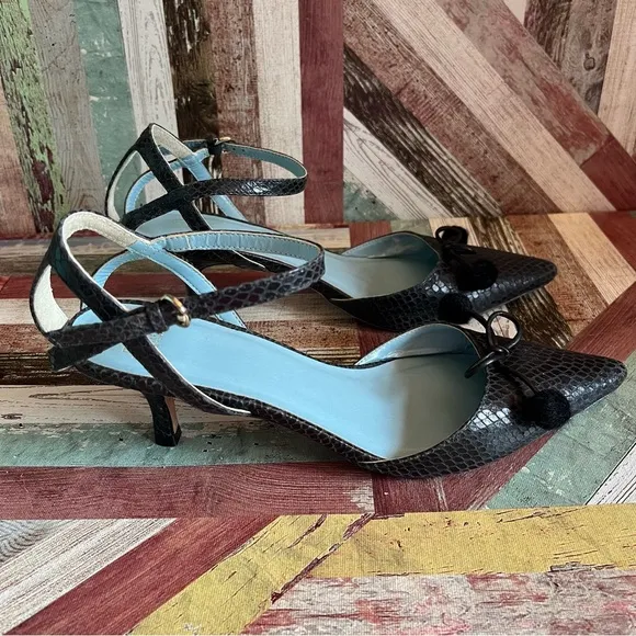 France’s Valentine Alister Pointed Toe Printed Snake Kitten Heels Black EUC 8.5