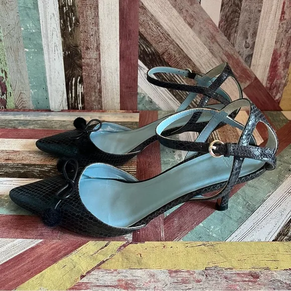 France’s Valentine Alister Pointed Toe Printed Snake Kitten Heels Black EUC 8.5