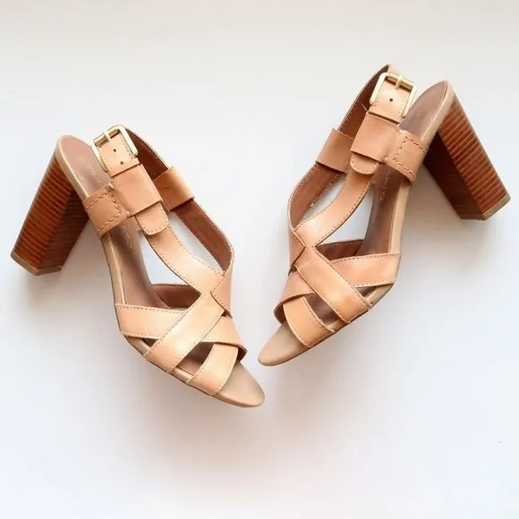Franco Sarto Ethan Neutral Tan Leather Heels, Strappy Sandals, Summer Shoes 8.5