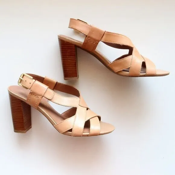 Franco Sarto Ethan Neutral Tan Leather Heels, Strappy Sandals, Summer Shoes 8.5