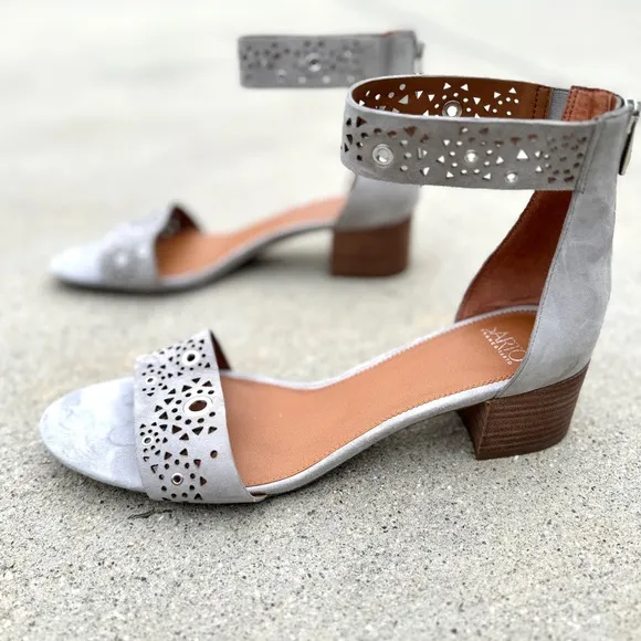 FRANCO SARTO sandals GRAY silver leather heeled ankle strap womens 13 grommets