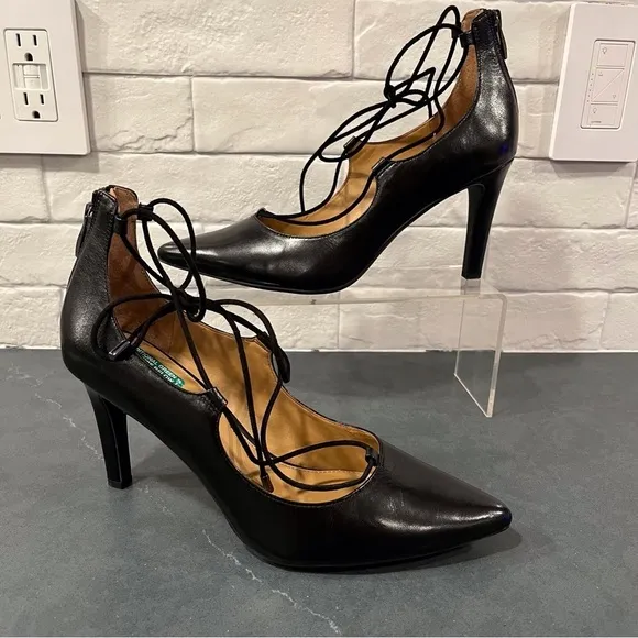 Franco Sarto sz 9.5 Arya black leather lace up pointy toe heels