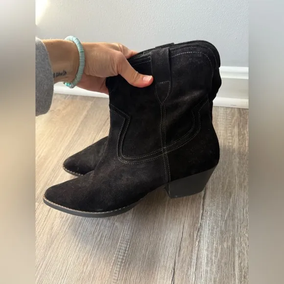 Freda Salvador Suede Boots Pointed Toe Dressy Ankle Booties Heels Black Size 10
