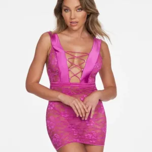 Frederick's of Hollywood Belle Lucia Crocus Pink Plunge Sheer Chemise S