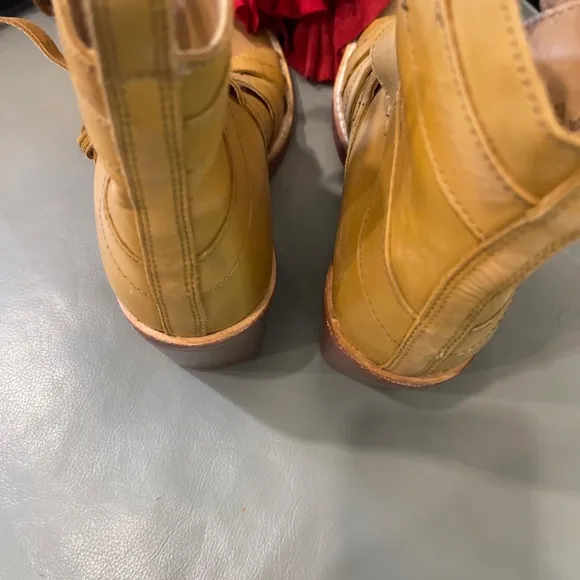 Free People Buckle Up Baby Block Heels Strappy Tan Open Boot