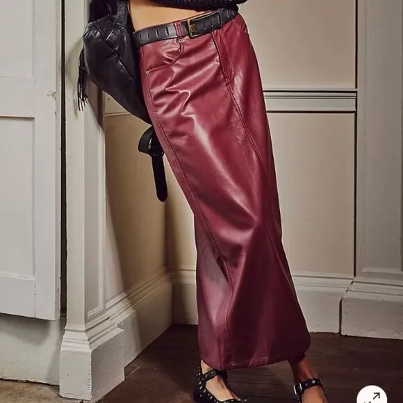 Free People City Slicker Vegan Leather Maxi Skirt Ivory Cream Sz 4