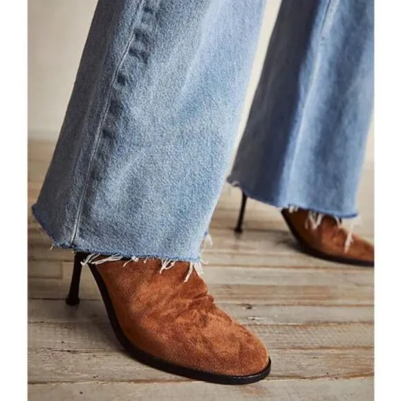 Free People Leila Heeled Mule in Cognac Brown Suede Leather Heels