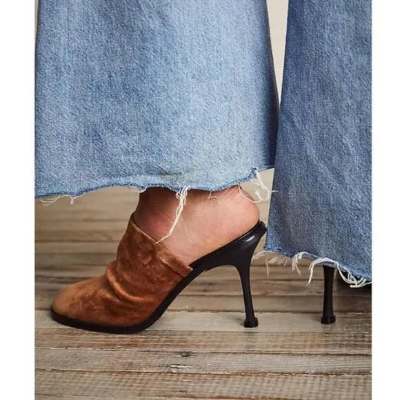 Free People Leila Heeled Mule in Cognac Brown Suede Leather Heels