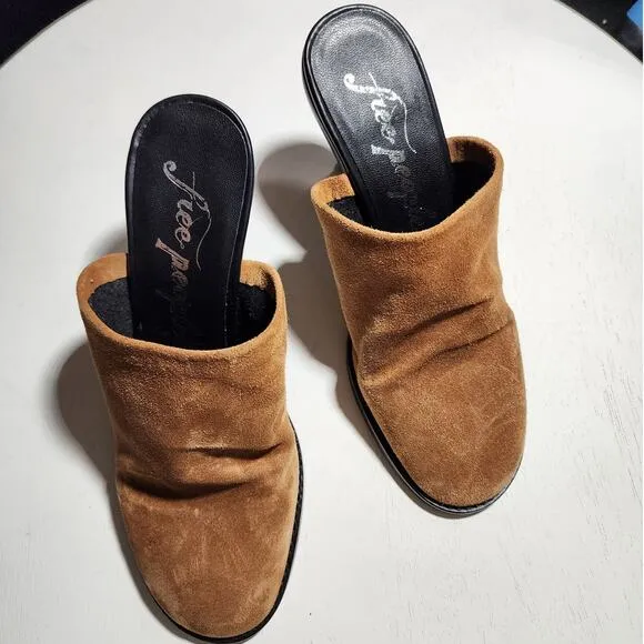 Free People Leila Heeled Mule in Cognac Brown Suede Leather Heels