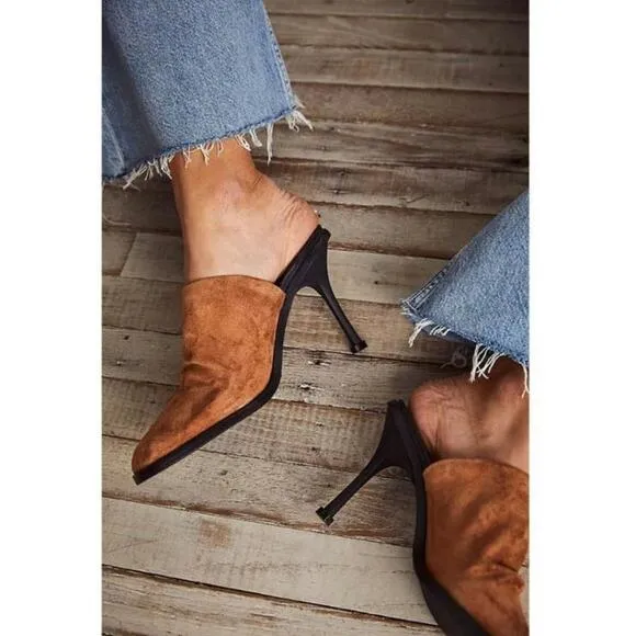 Free People Leila Heeled Mule in Cognac Brown Suede Leather Heels