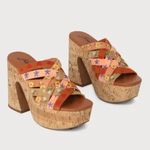 Free People Lisbon Sandbar Multi Suede Leather High Heel Platform Mules