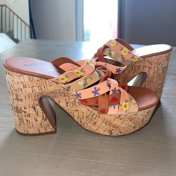 Free People Lisbon Sandbar Multi Suede Leather High Heel Platform Mules