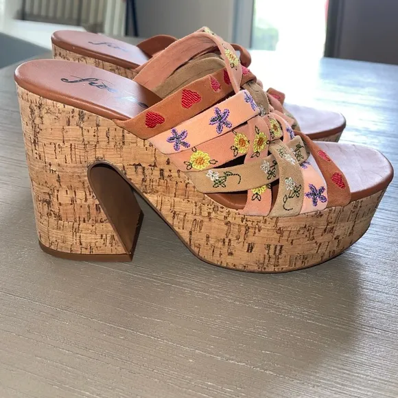 Free People Lisbon Sandbar Multi Suede Leather High Heel Platform Mules